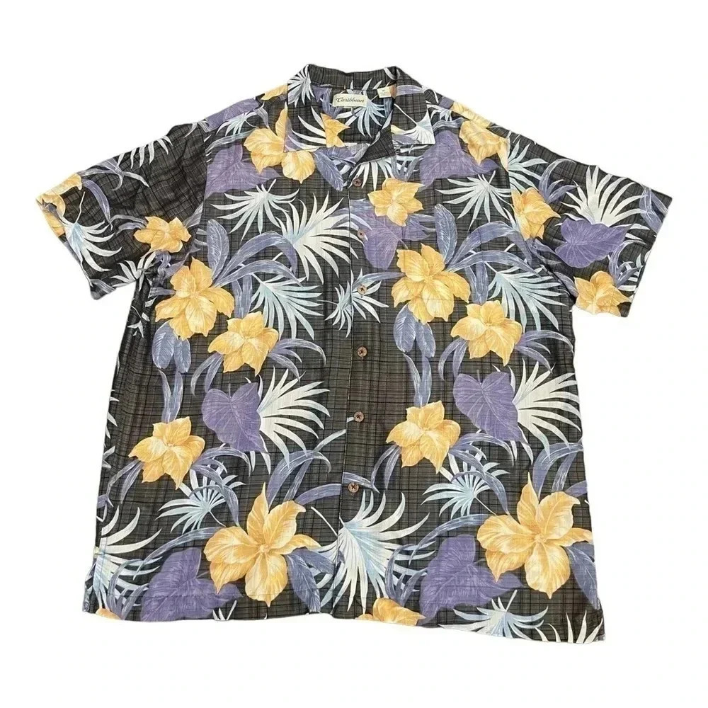 Caribbean Blue Floral Linen Causal Button Front Short Sleeve Shirt Men’s XL